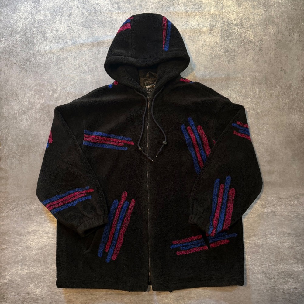 Vintage 90s Forecaster Sport Fleece Hoodie Large Black Abstract Red Blue Zip Up